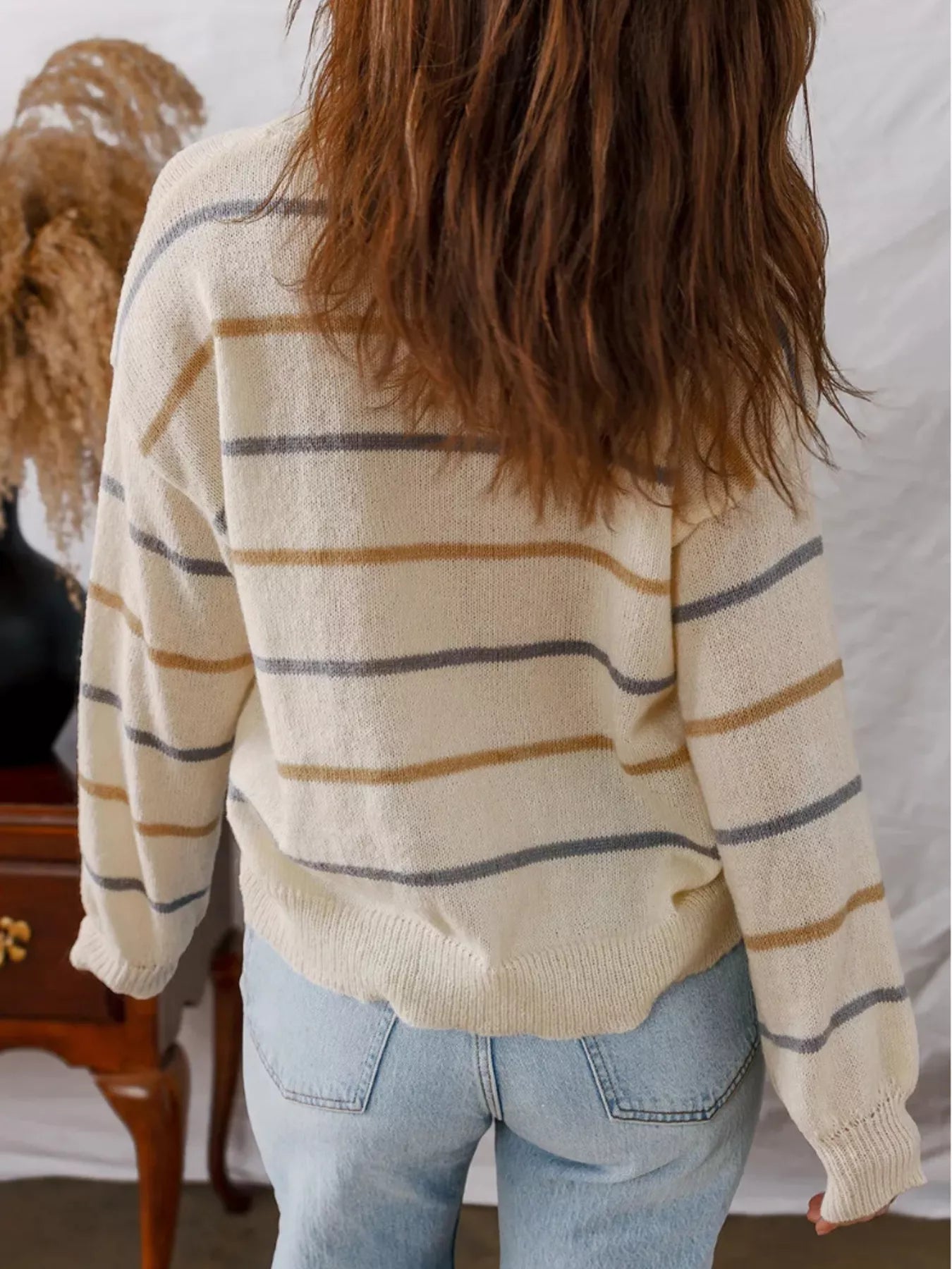 Women's Striped Round Neck Drop Shoulder Sweater - Sweaters