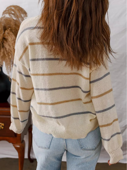 Women's Striped Round Neck Drop Shoulder Sweater - Sweaters