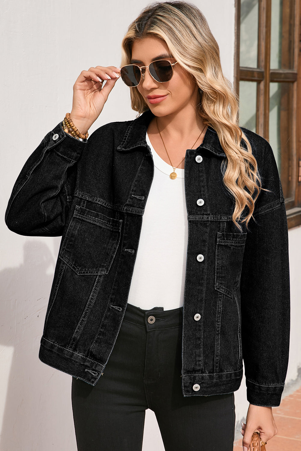 Striped Washed Denim Chest Pocket Oversized Vintage Jacket — Laid-Back Casual Style - Black Outerwear/Denim jackets