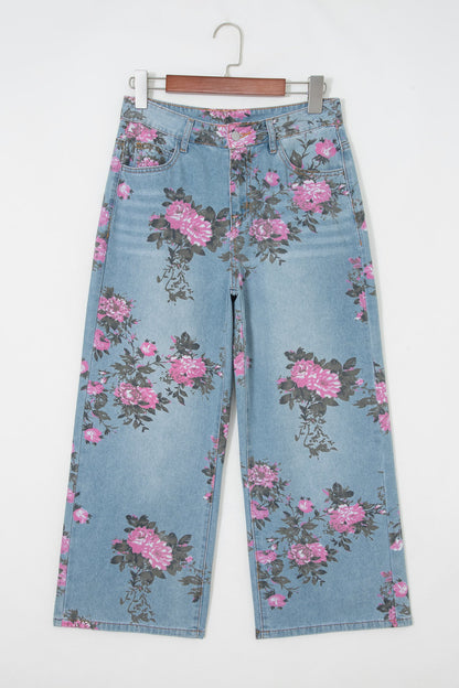 Vintage Floral Print Light Wash Bootcut Jeans — Feminine Flattering Everyday Style - Jeans