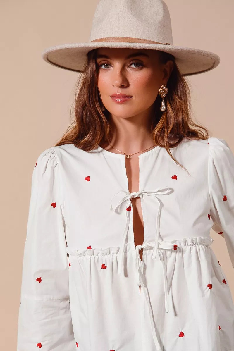 Front Tie Heart Embroidered Blouse With Puff Sleeve - Blouses