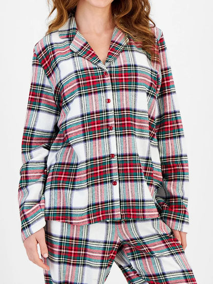 Plaid Two-Piece Lounge Set with Collared Button-Up Top and Matching Pants