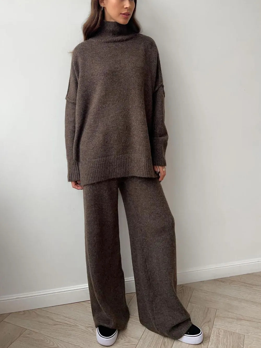 Long Sleeve Turtleneck Top with Slit and Pants Loungewear Set - Coffee Brown One Size Loungewear Sets