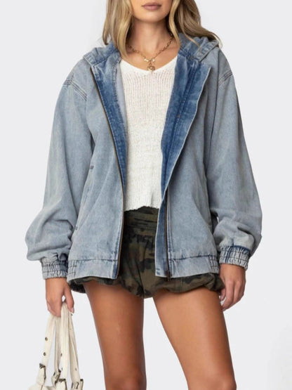 Hooded Oversized Zip Up Denim Jacket - Jackets