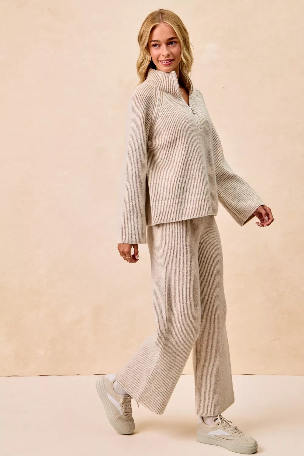 Two Tone Ribbed Knit Collared Zip Up Sweater | Trendy Sweaters Outfit Idea for Women by Ro + Ivy | Elevated Basics, Modern Comfort & Style