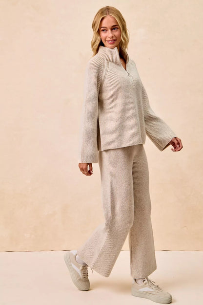 Two Tone Ribbed Knit Collared Zip Up Sweater | Trendy Sweaters Outfit Idea for Women by Ro + Ivy | Elevated Basics, Modern Comfort & Style