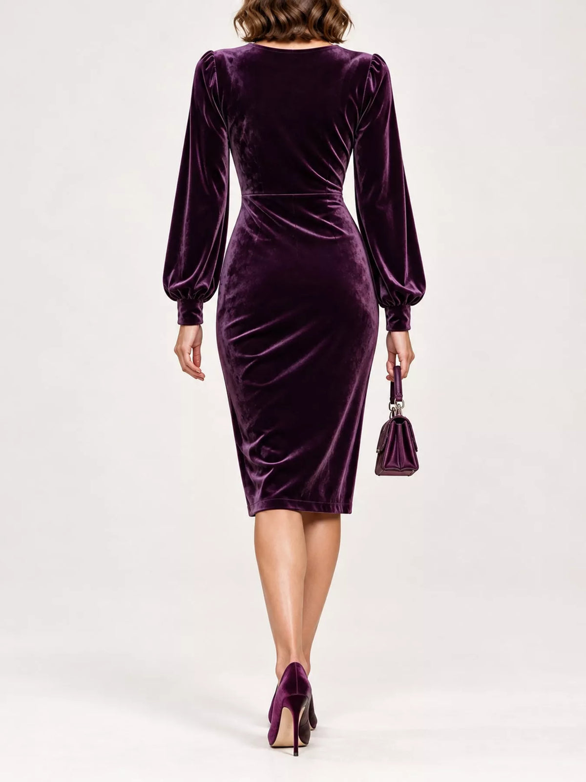 Long-Sleeve Velvet Wrap Dress with Ruched Bodycon Fit