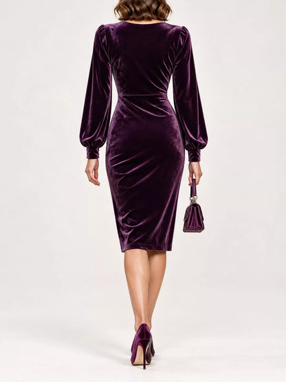 Long-Sleeve Velvet Wrap Dress with Ruched Bodycon Fit
