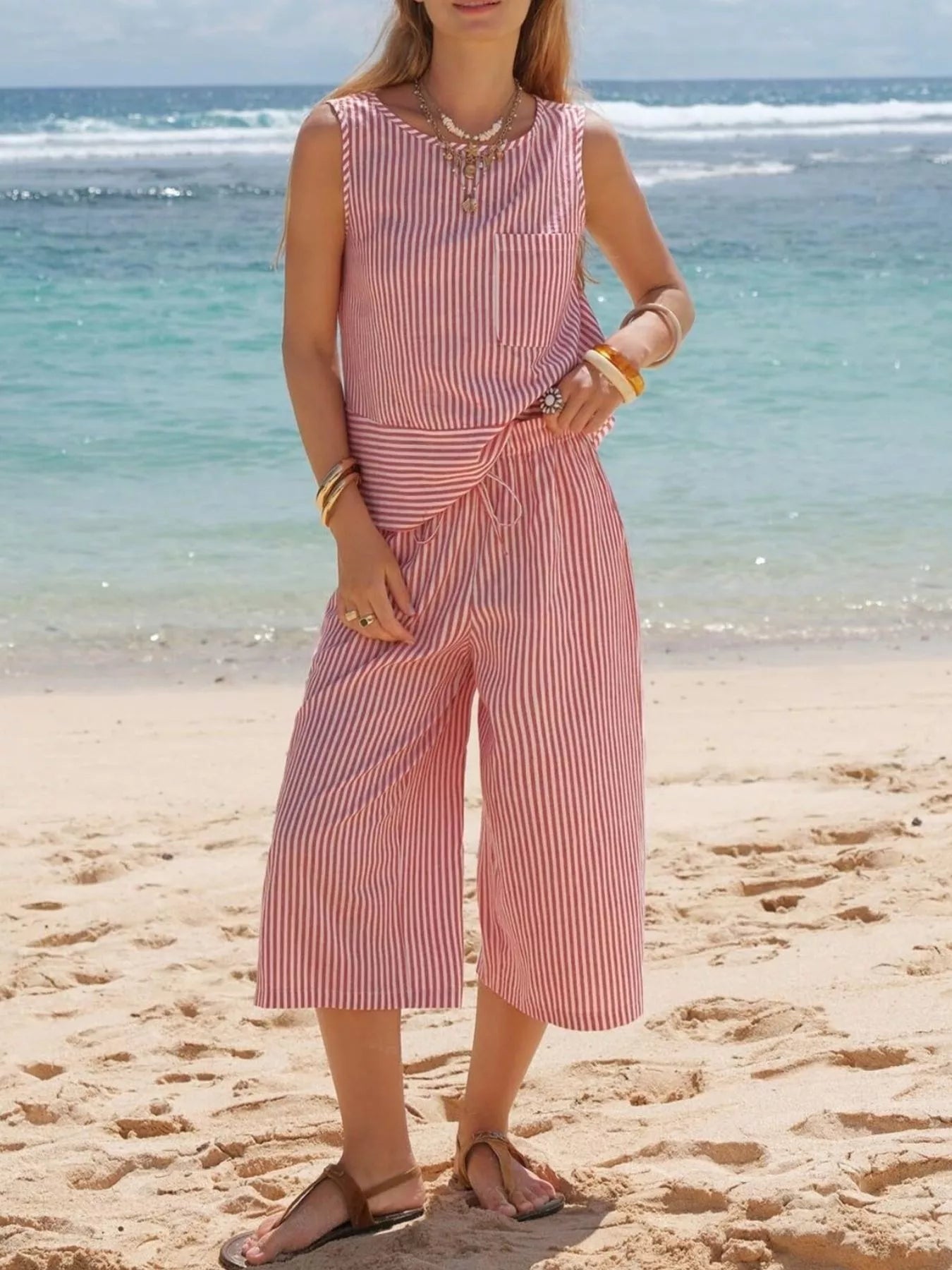 Women's Striped Sleeveless Top and Cropped Pants Set - Matching Sets