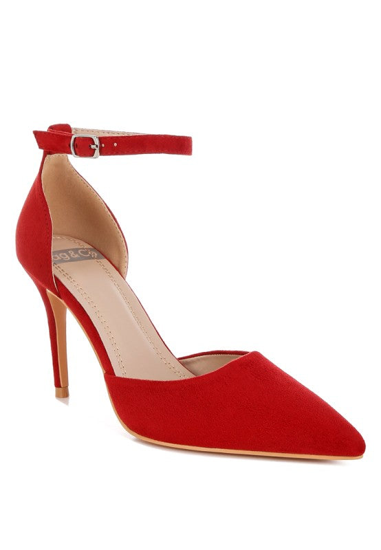 Red Microfiber Ankle Strap Stiletto Heels | Trendy Heels Outfit Idea for Women by Ro + Ivy | Elevated Basics, Modern Comfort & Style