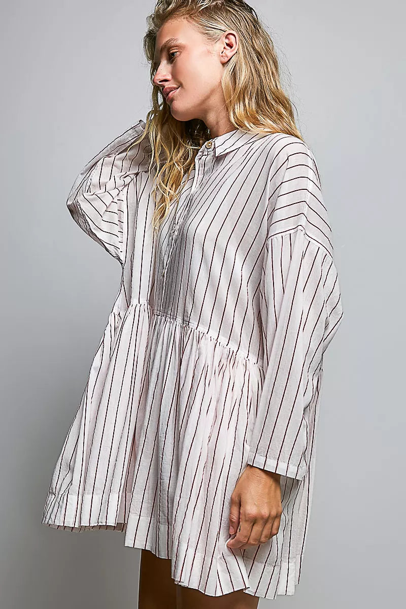 Women's Striped Gathered Waist Shirt Mini Dress - Mini Dresses