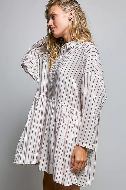 Women's Striped Gathered Waist Shirt Mini Dress - Mini Dresses