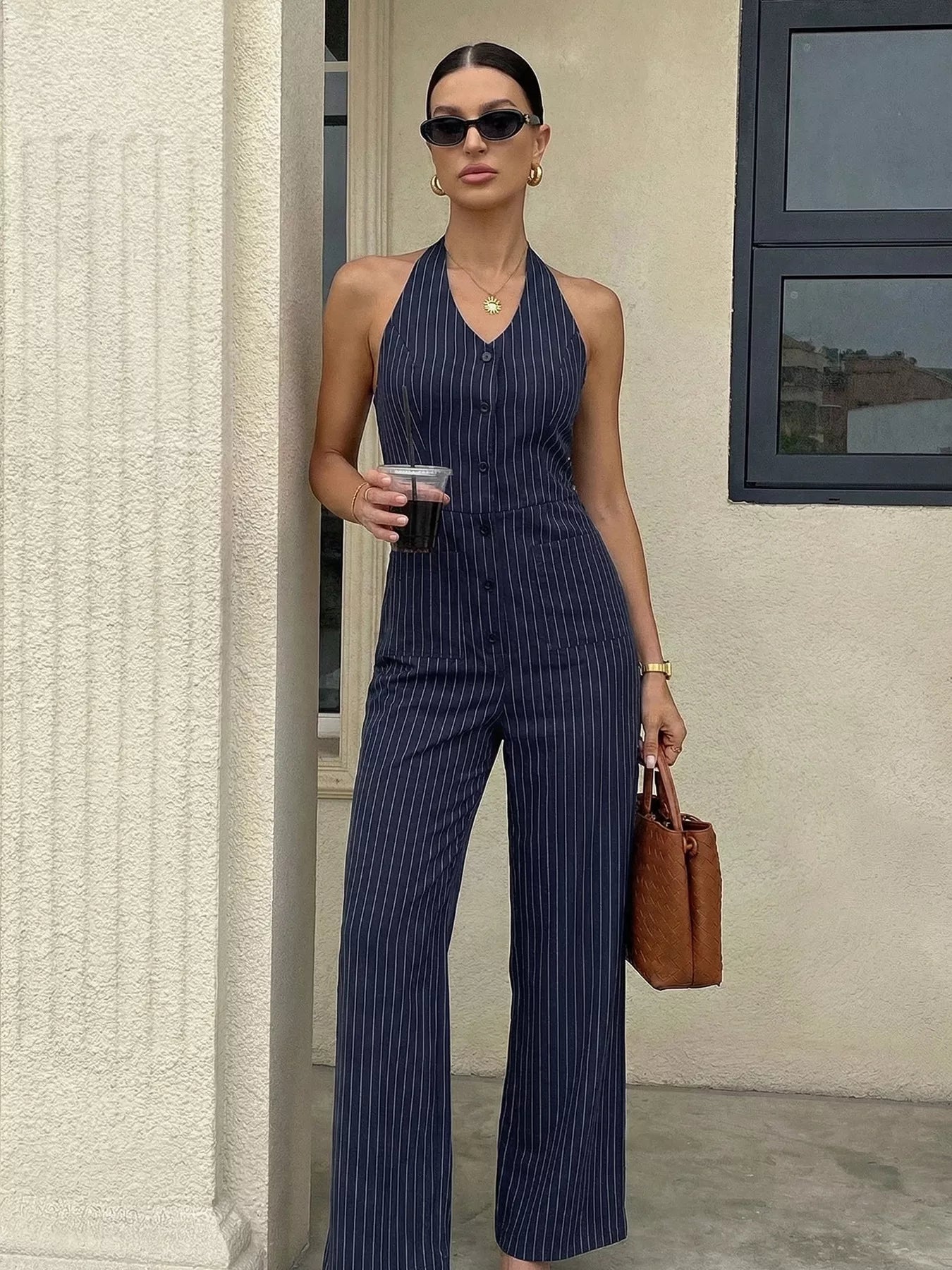 Women's Striped Halter Neck Jumpsuit - Jumpsuits