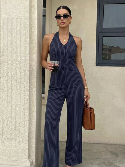 Women's Striped Halter Neck Jumpsuit - Jumpsuits