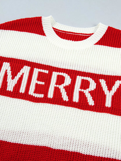 Striped Merry Christmas Drop-Shoulder Long-Sleeve Sweater