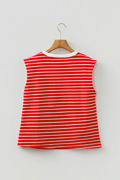 Striped Trim Loose Sleeveless Tank Top — Classic Chic Versatile Everyday Style - Tank Tops