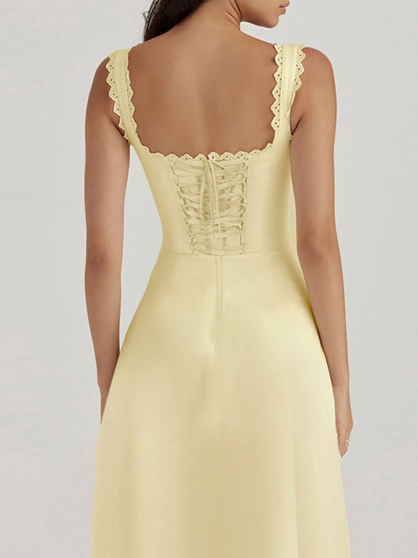 Women's Scalloped V-Neck Midi Dress with Back Lace-Up - Midi Dresses