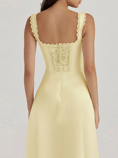 Women's Scalloped V-Neck Midi Dress with Back Lace-Up - Midi Dresses