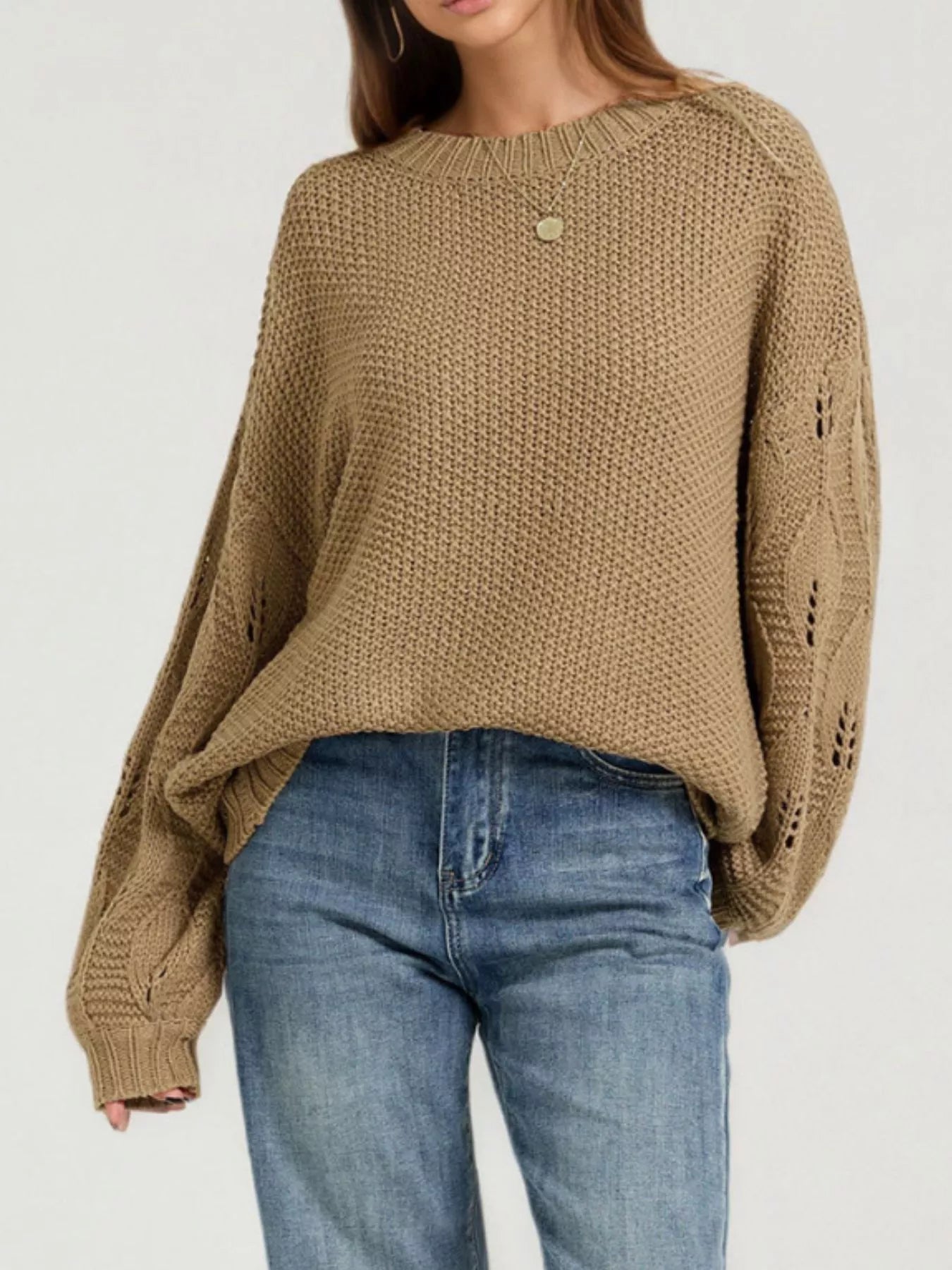 Textured Knit Openwork Sleeves Sweater