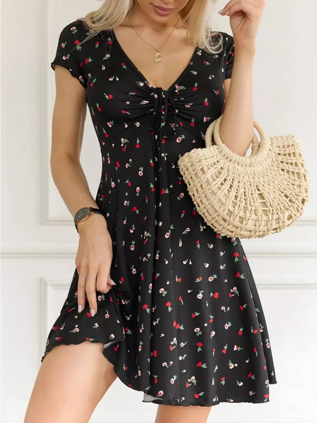 Short Sleeve V-Neck Tie Front Mini Dress Floral