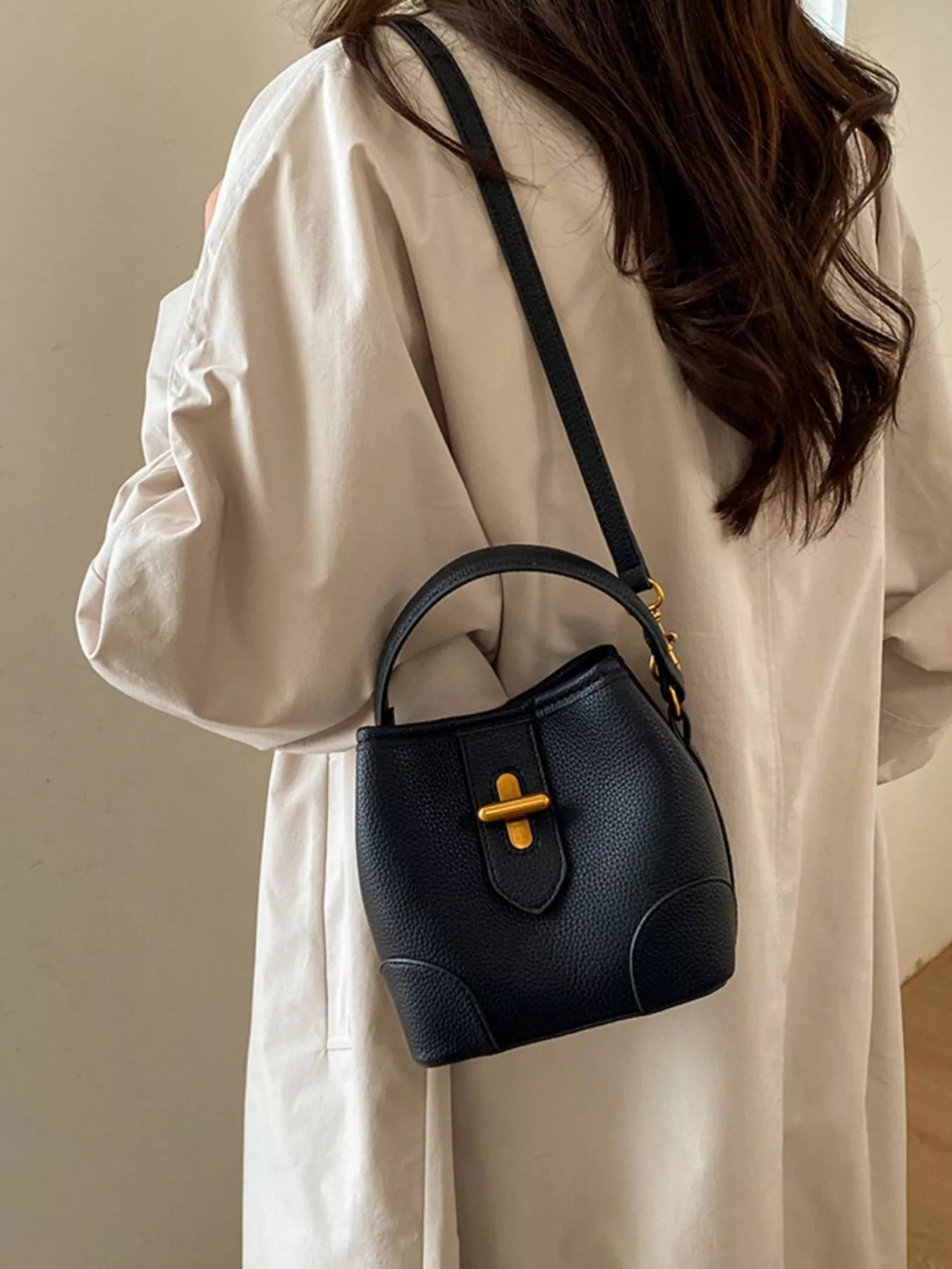 Textured Faux Leather Bucket Crossbody Bag