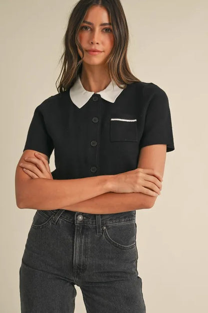 Button-Down Contrast Collar Knit Cardigan — Versatile Classic Cozy Layering Style - Black Cardigans