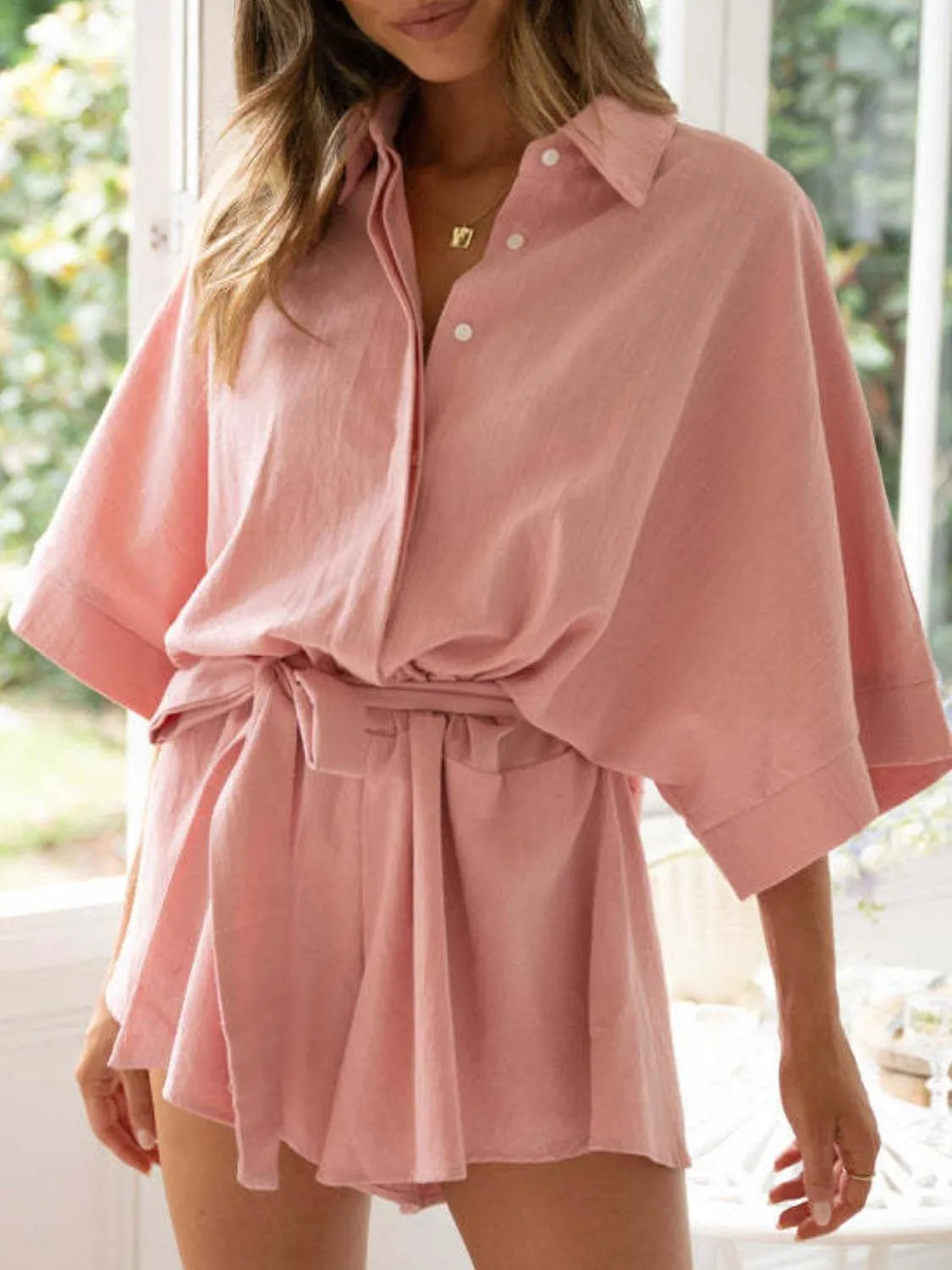 Button Up Collard Neck Half Sleeve Romper with Tie Front - Rompers