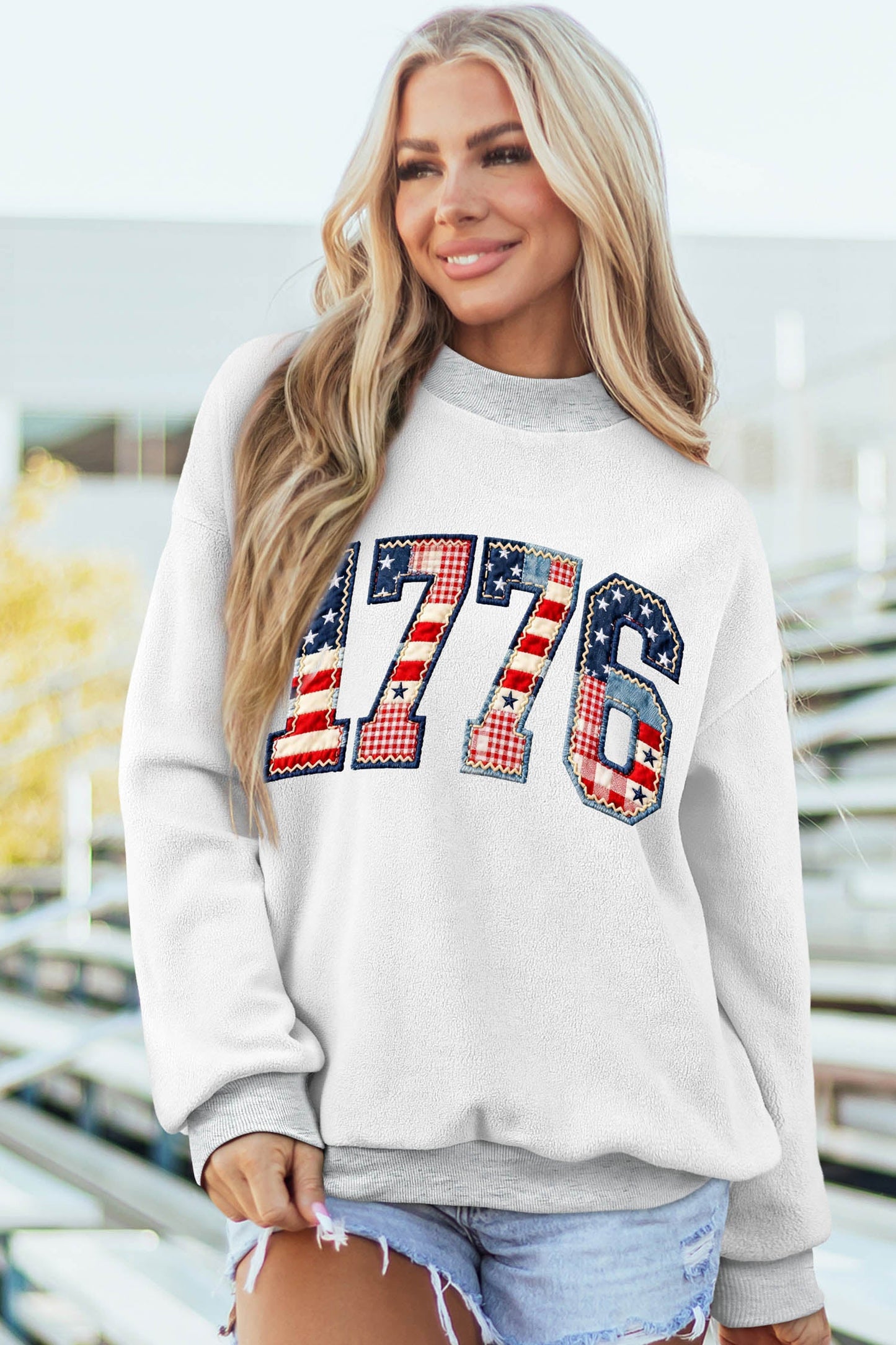 Patchwork Flag Print Reversible Mock Neck Sweatshirt — Cozy Patriotic Everyday Style - Light Grey Graphic Sweatshirts