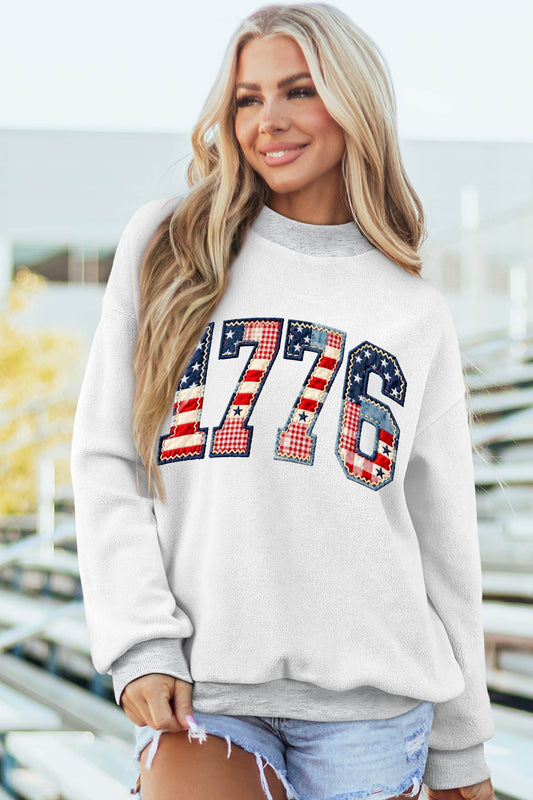 Patchwork Flag Print Reversible Mock Neck Sweatshirt Cozy Patriotic Everyday Style - Light Grey Sweatshirts