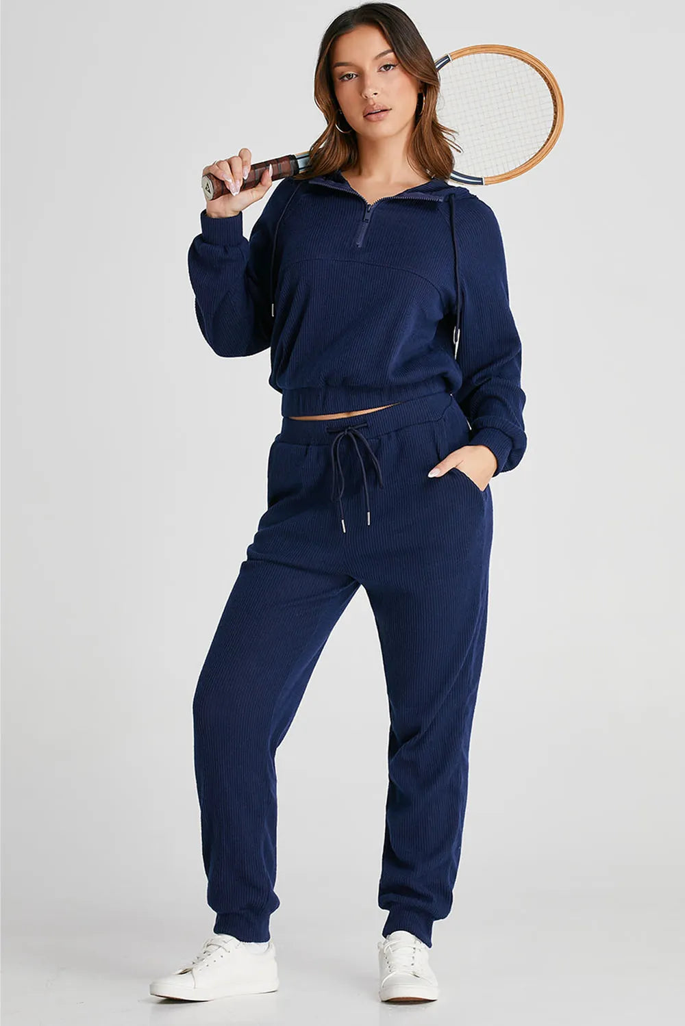 Ribbed Half Zip Hoodie and Joggers Loungewear Set