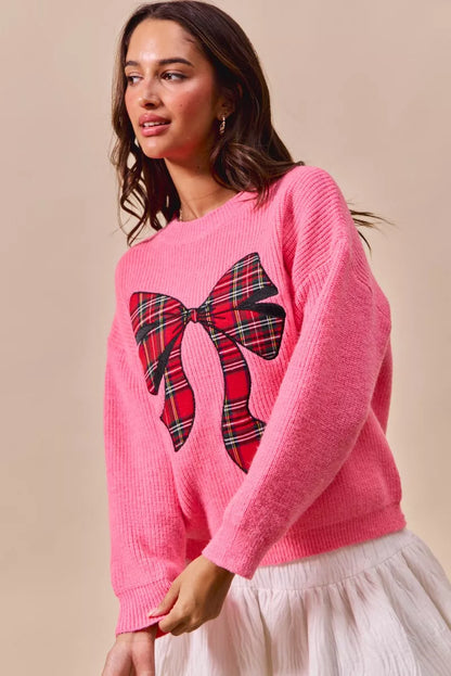 Plaid Bow Christmas Crewneck Holiday Sweater | Trendy Sweaters Outfit Idea for Women by Ro + Ivy | Elevated Basics, Modern Comfort & Style