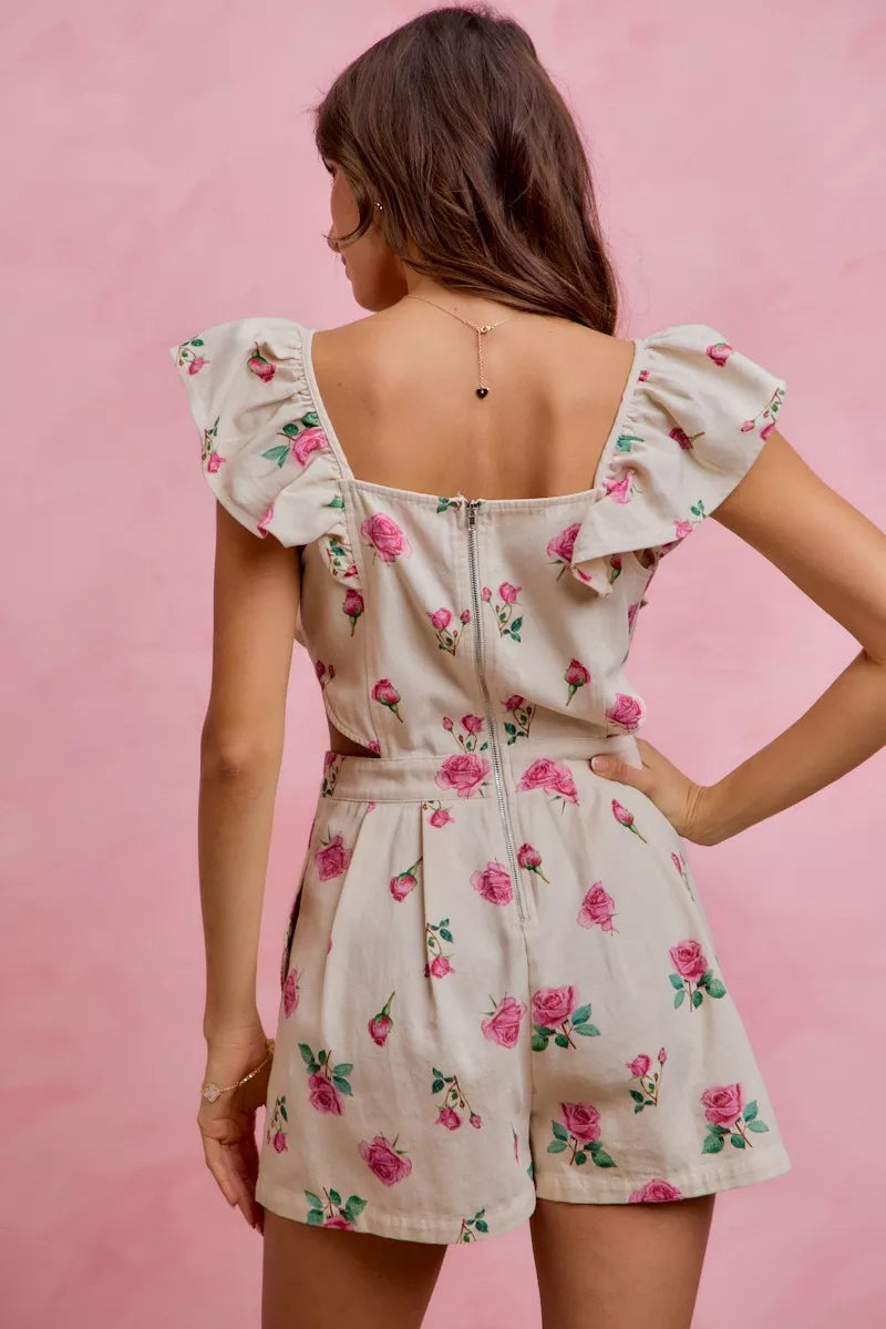 Floral Print Denim Cut-Out Waist Ruffled Romper — Playful Feminine Casual Sunny Style - Rompers