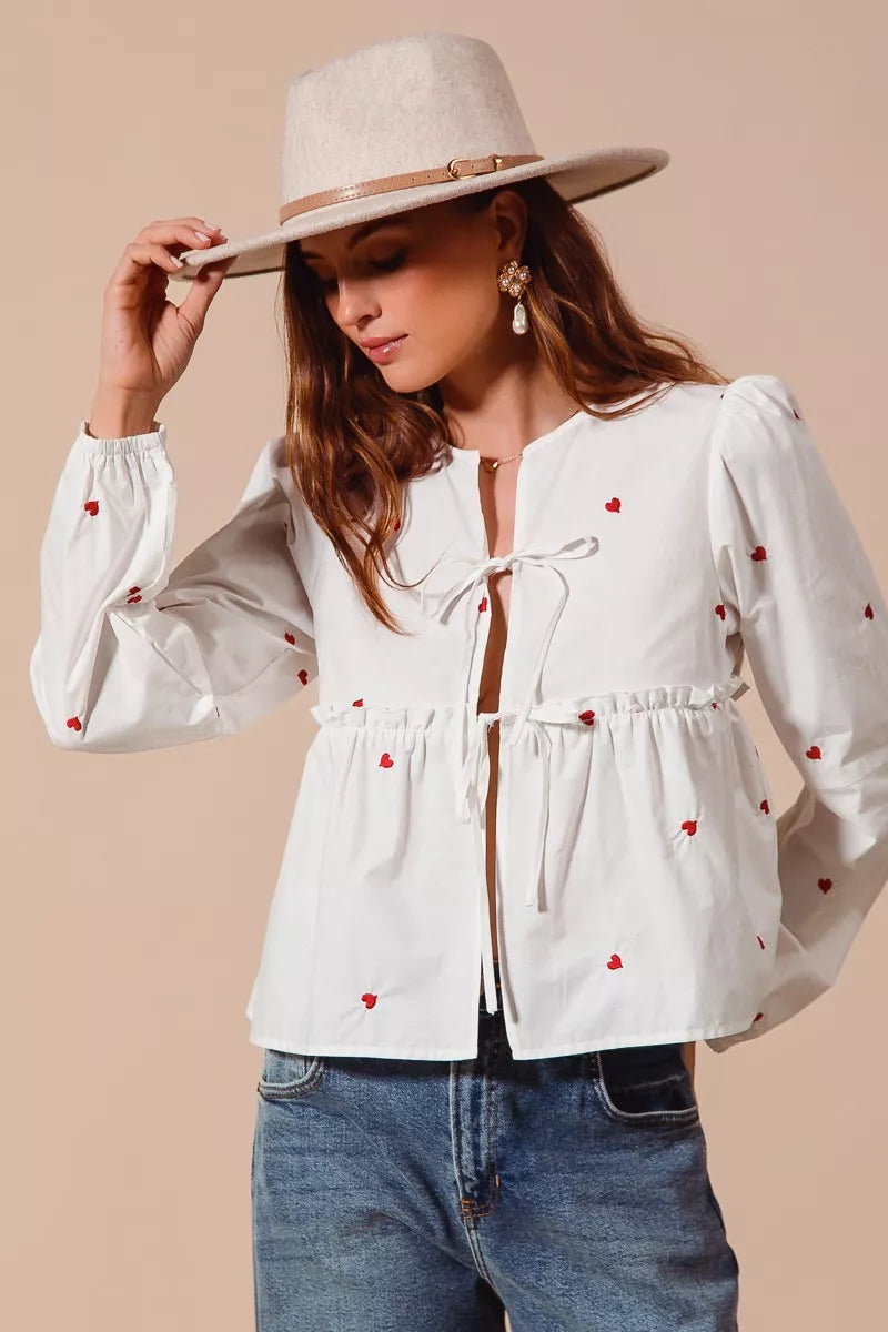 Front Tie Heart Embroidered Blouse With Puff Sleeve - Blouses