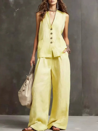 Women's Flowy Sleeveless Vest and Wide Leg Pants Set - Yellow Matching Sets