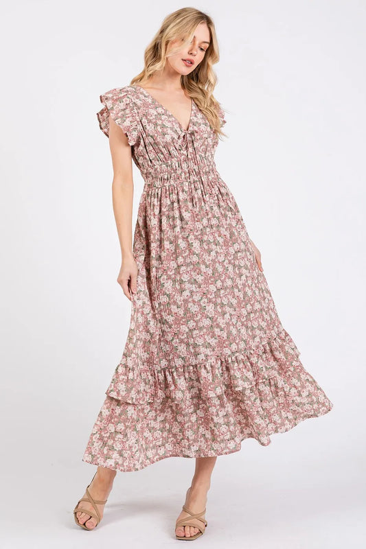 Flower Print Ruffle Cap Sleeve V-Neck Midi Dress – MAUVE outfit idea for women | Ro + Ivy