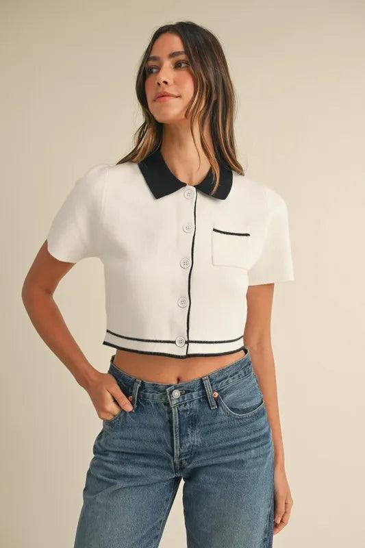 Button Down Contrast Collared Knit Cardigan - Cream Cardigans