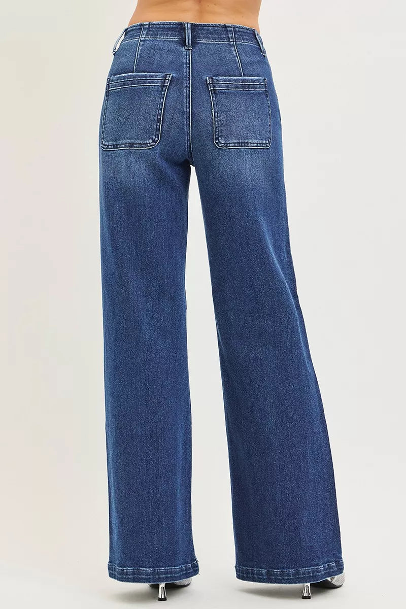 High Rise Wide Leg Jeans with Slanted Pockets - Jeans