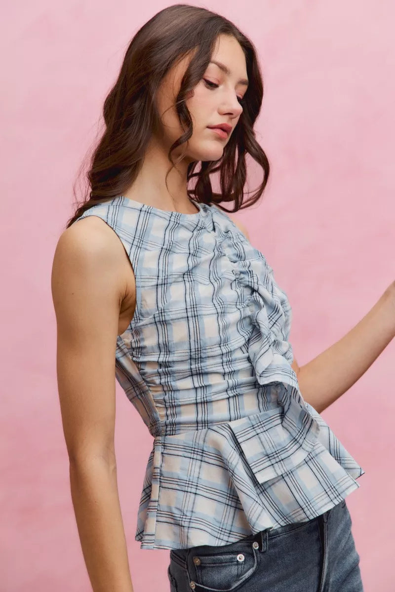 Women's Plaid Sleeveless Ruffle Peplum Top - Tops