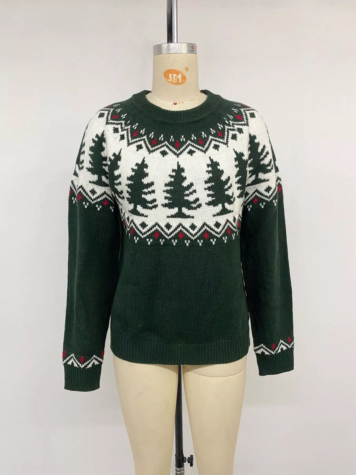 Christmas Tree Pattern Round Neck Stretch Knit Sweater