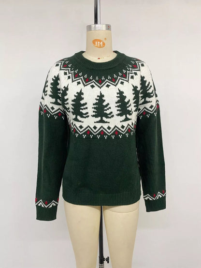 Christmas Tree Pattern Round Neck Stretch Knit Sweater