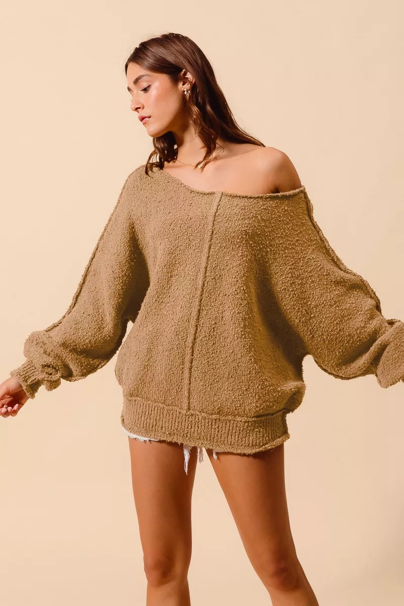 Boucle Loose Fit Sweater with Exposed Seam in Taupe | Trendy Sweaters Outfit Idea for Women by Ro + Ivy | Elevated Basics, Modern Comfort & Style