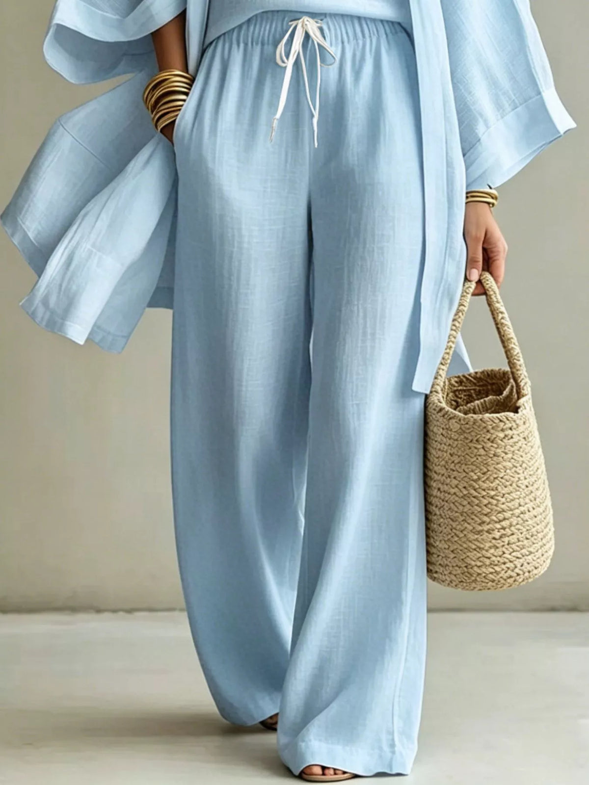 Three-Piece Lounge Set with V-Neck Top, Open Cardigan and Drawstring Pants