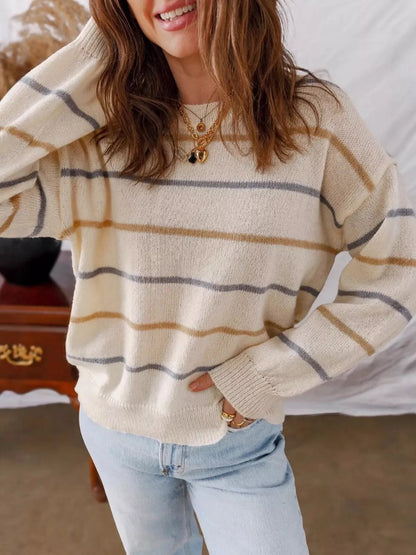 Women's Striped Round Neck Drop Shoulder Sweater - Sweaters