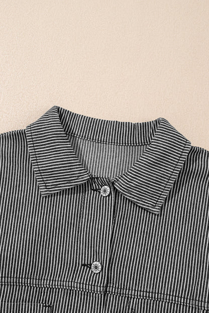 Striped Washed Denim Chest Pocket Oversized Vintage Jacket — Laid-Back Casual Style - Outerwear/Denim jackets
