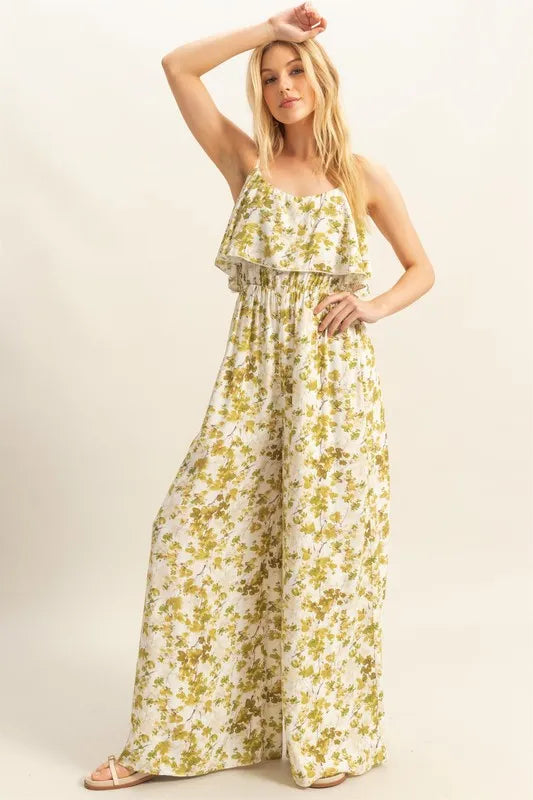 Floral Print Spaghetti Strap Wide Leg Jumpsuit – Yellow-Green outfit idea for women | Ro + Ivy
