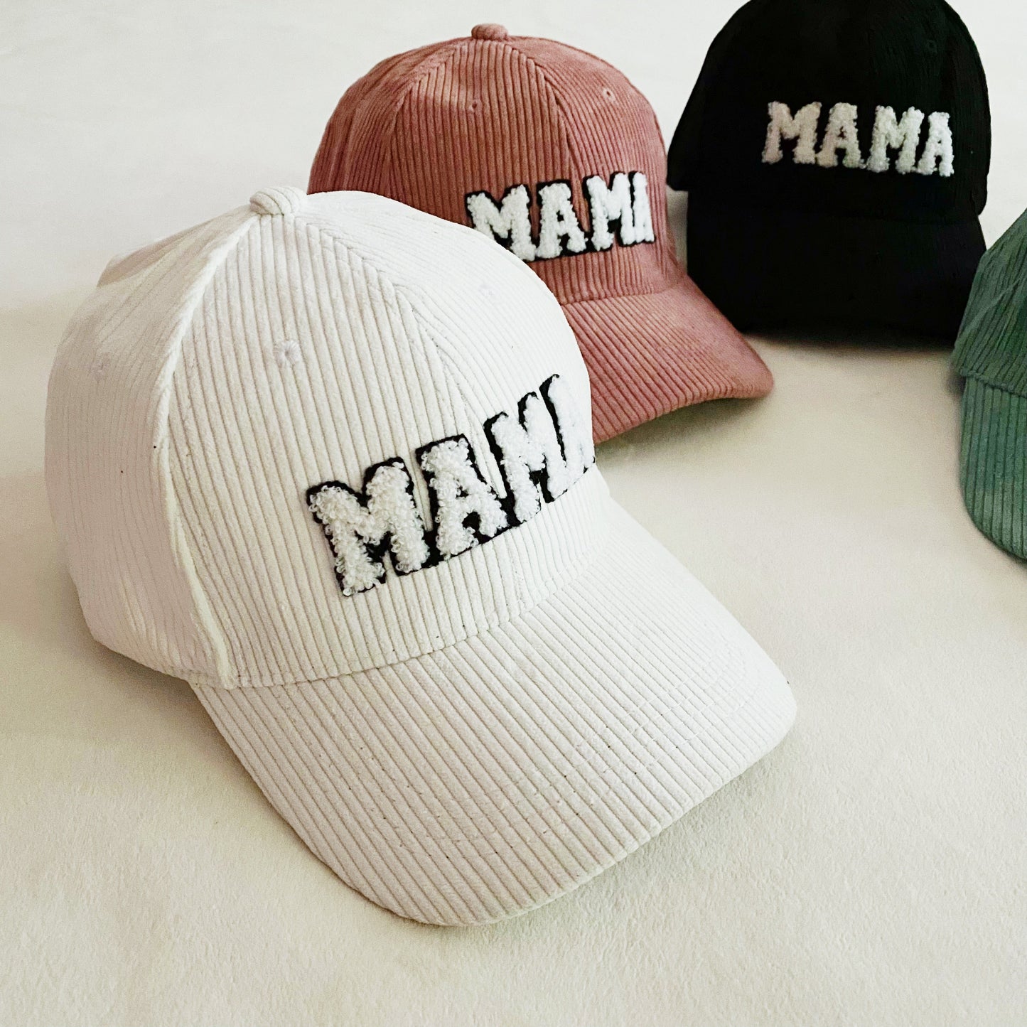 Corduroy MAMA Baseball Cap — Fuzzy Patch Letter Curved Brim Adjustable Fit - Baseball Caps