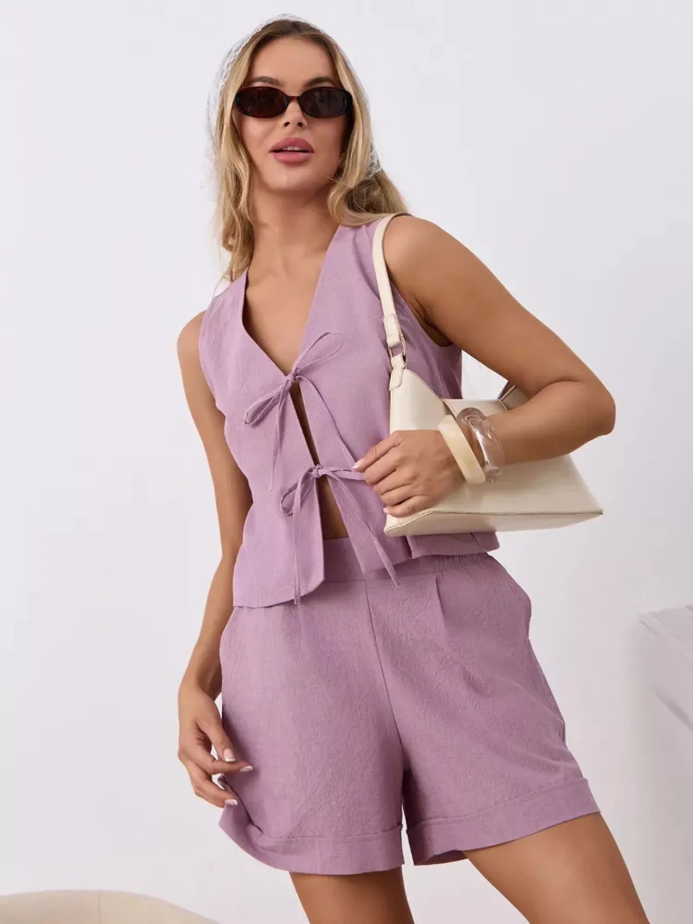 Women's Tie Front Sleeveless Top and Shorts Set - Matching Sets