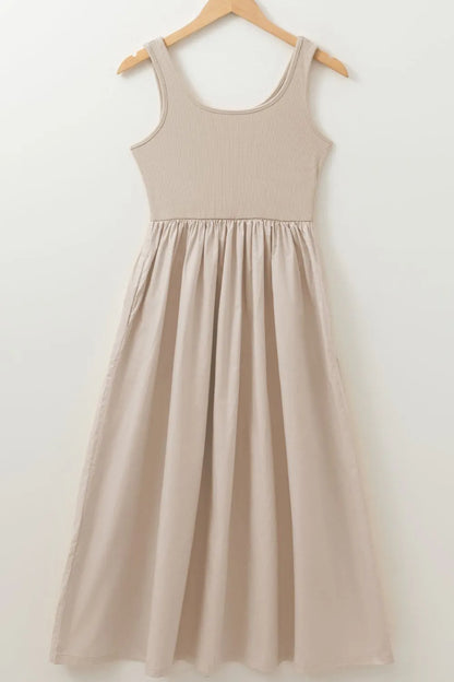 Women's Scoop Neck Ribbed Bodice Sleeveless Midi Tank Dress - Midi Dresses