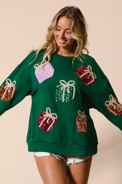 Sequins Gift Box Christmas Crewneck Sweater | Trendy Sweaters Outfit Idea for Women by Ro + Ivy | Elevated Basics, Modern Comfort & Style