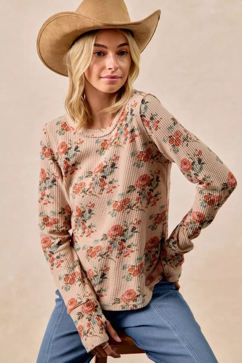 Taupe Washed Floral Long Sleeve Waffle Thermal Top with Sleeve Thumb Hole | Trendy Tops Outfit Idea for Women by Ro + Ivy | Elevated Basics, Modern Comfort & Style